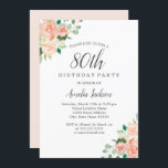 Perzikblush Waterverf Floral 80th Birthday Party Kaart<br><div class="desc">Floral Birthday-uitnodigingen in de Little Bayleigh Store.</div>