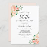 Perzikblush Waterverf Floral 90th Birthday Party Kaart<br><div class="desc">Floral Birthday-uitnodigingen in de Little Bayleigh Store.</div>