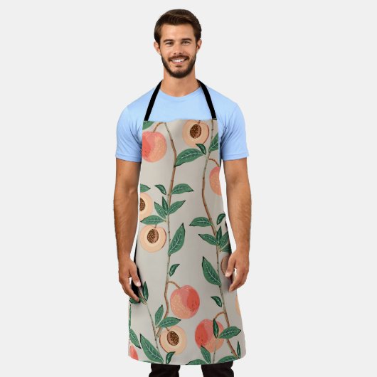 Perzikboomtakken met bladeren en vruchten op een l schort (Gedragen)