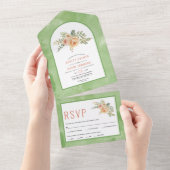 Perzikcactus bloemen, bladeren groen bloemperbruil all in one uitnodiging (Afscheurbaar)