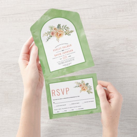 Perzikcactus bloemen, bladeren groen bloemperbruil all in one uitnodiging (Afscheurbaar)