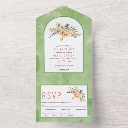 Perzikcactus bloemen, bladeren groen bloemperbruil all in one uitnodiging (Binnen)