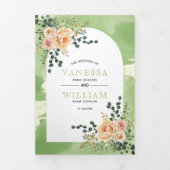 Perzikcactus bloemen, bladeren groen bloemperbruil drieluik uitnodiging (Cover)