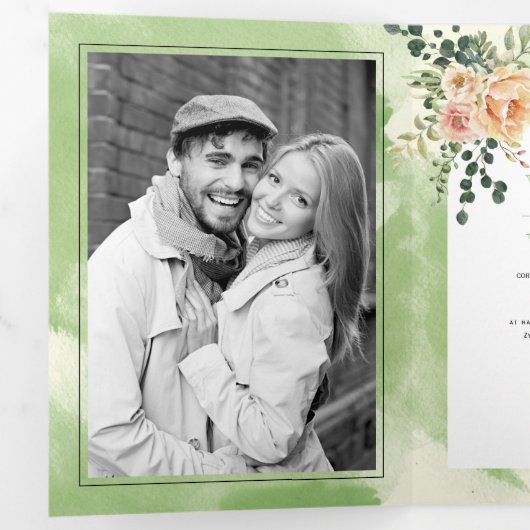 Perzikcactus bloemen, bladeren groen bloemperbruil drieluik uitnodiging (Binnenzijde eerst)