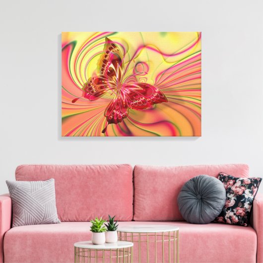 perzikdoek met rode vlinder canvas afdruk (Insitu (Woonkamer))