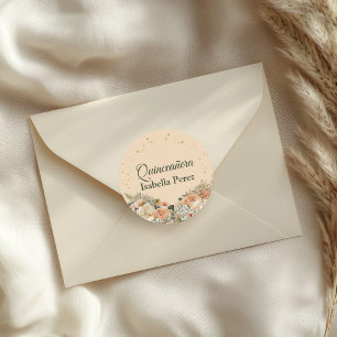 Perzikdons Bloemrijk en Gouden Glitter Quinceanera Ronde Sticker