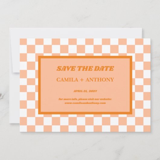 Perzikdons Oranje Geruite Gingham Patroon Save The Date (Voorkant)