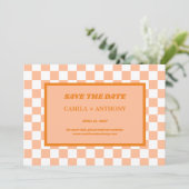 Perzikdons Oranje Geruite Gingham Patroon Save The Date (Staand voorkant)