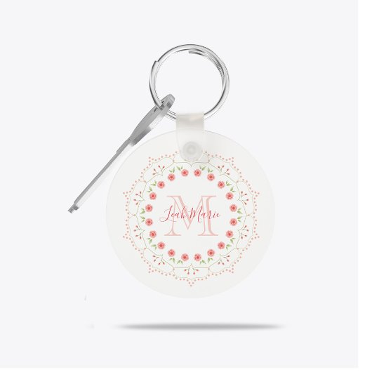 Perziken Bloemenkrans Monogram Gepersonaliseerd Sleutelhanger
