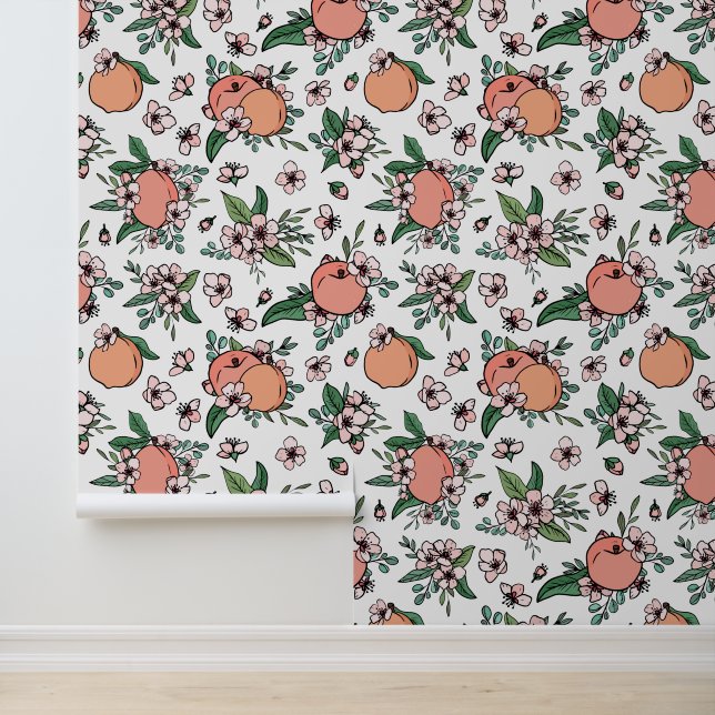 Perziken & Bloesem Bloemen Bloemen Fruit Patroon Behang (Applicatie)