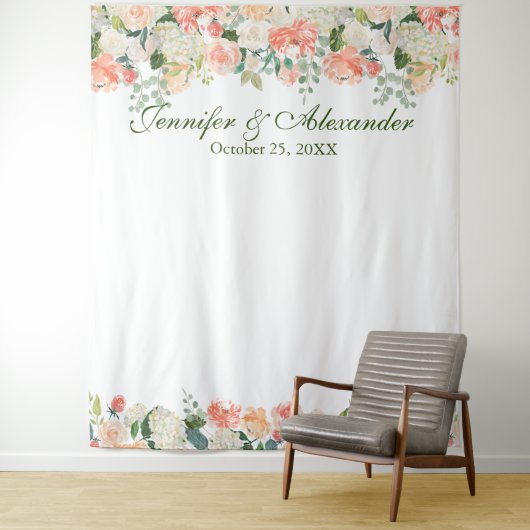 Perziken Crème Bloem Bruiloft Foto Booth Achtergro Wandkleed (In situ)