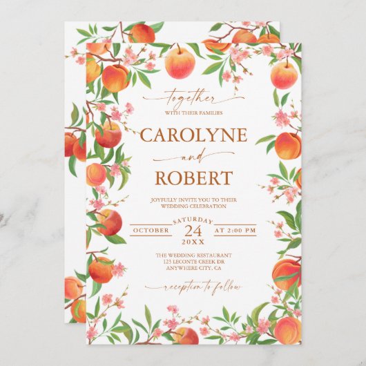 Perziken en bloemen Lente bruiloft uitnodiging (Voorkant / Achterkant)