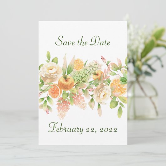 Perziken en Cream Flowers en vruchten Save The Date (Staand voorkant)