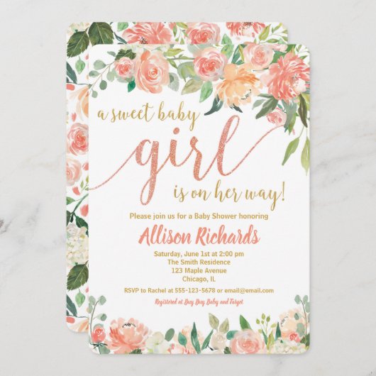 Perziken en crème baby shower uitnodiging meisje (Voorkant / Achterkant)