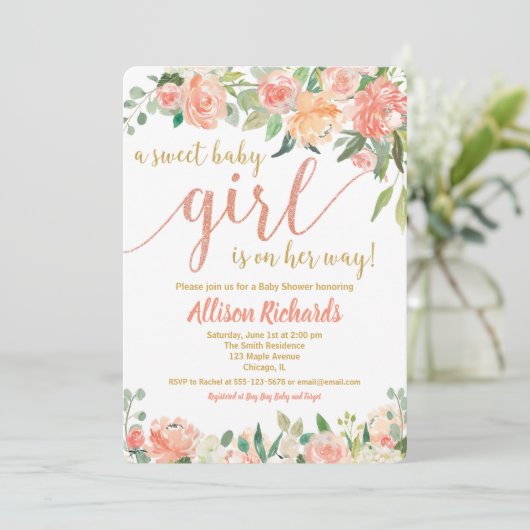 Perziken en crème baby shower uitnodiging meisje (Staand voorkant)