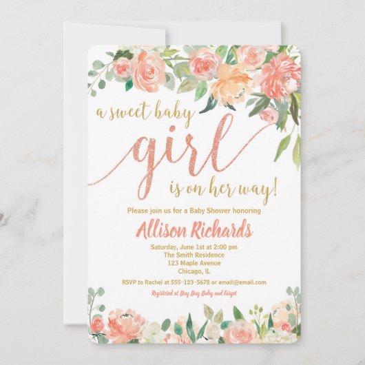 Perziken en crème baby shower uitnodiging meisje (Voorkant)