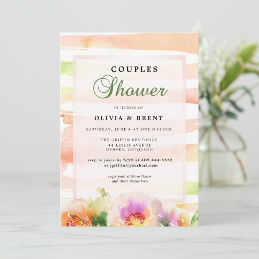 Perziken en Crème Bloemen Trouwkoppels Douche Kaart (Staand voorkant)