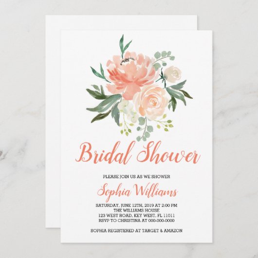 perziken en crème bruids douche uitnodiging (Voorkant / Achterkant)