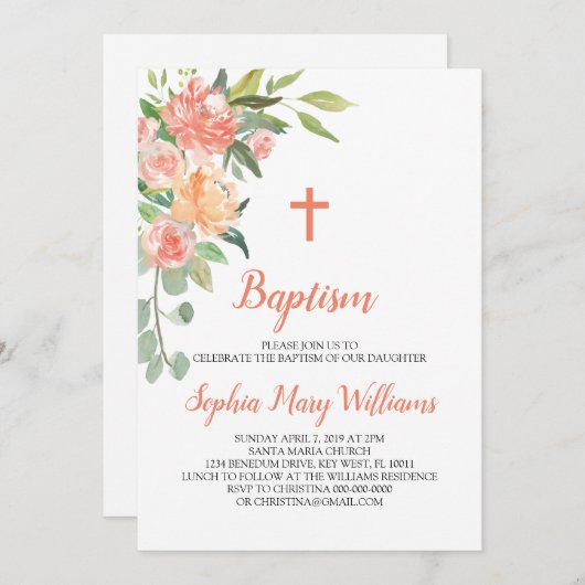 Perziken en Crème Doopmeisje Uitnodiging (Voorkant / Achterkant)