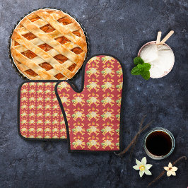 Perziken en ijs rood ovenwant & pannenlap set