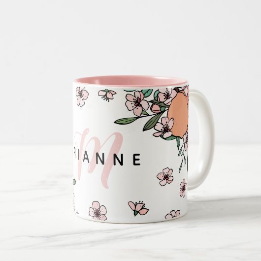  perziken en perzikroze monogram bloesem tweekleurige koffiemok (Voorkant rechts)