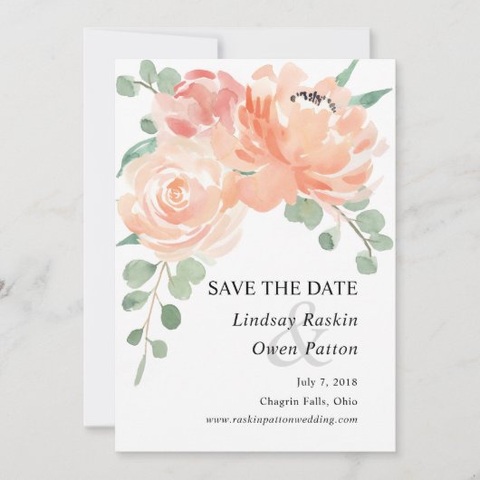 Perziken en Waterverf Cream Floral slaan Datum op Save The Date (Voorkant)