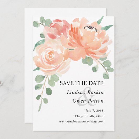 Perziken en Waterverf Cream Floral slaan Datum op Save The Date (Voorkant / Achterkant)