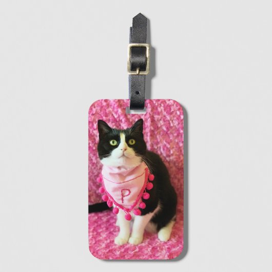 Perziken het Tuxedo Cat Pink Bandana Bagagelabel (Voorkant (verticaal))