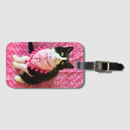 Perziken het Tuxedo Cat Pink Bandana Bagagelabel (Voorkant (horizontaal))