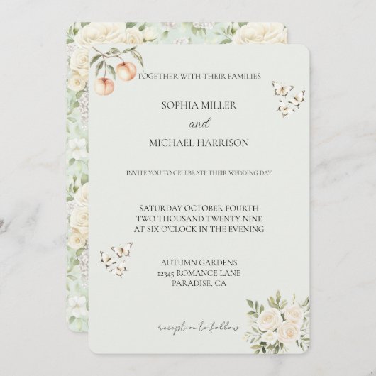 Perziken Vlinder Witte Bloemen Romantische bruilof Kaart (Voorkant / Achterkant)