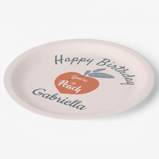 Perziken, vrolijke verjaardag, persoonlijke naam papieren bordje (Gekanteld)