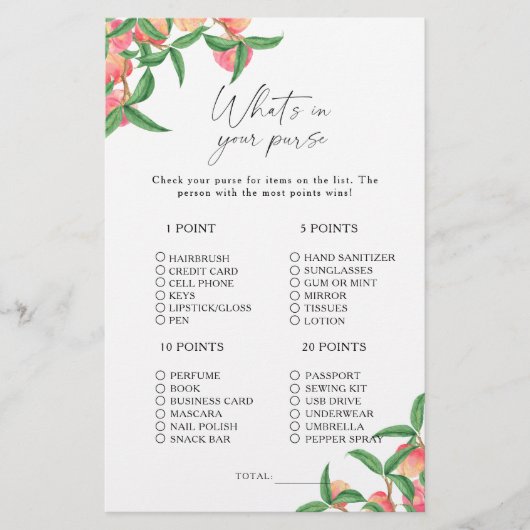 Perziken - Wat zit er in je tas spel (Voorkant)