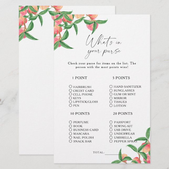 Perziken - Wat zit er in je tas spel (Voorkant / Achterkant)