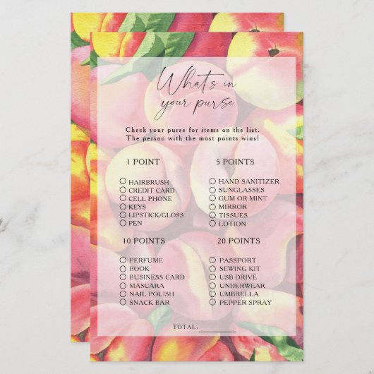 Perziken - Wat zit er in je tas spel (Voorkant / Achterkant)