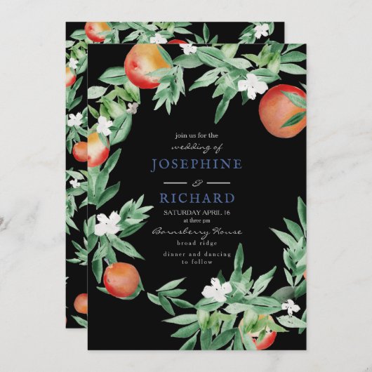 Perziken, waterverf ontwerp, middernacht zwart kaart (Voorkant / Achterkant)