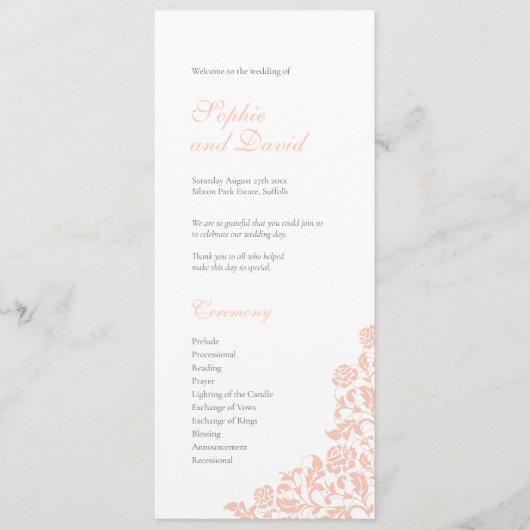  perzikflesjes Roos Lace Wedding Programmakaart (Voorkant)