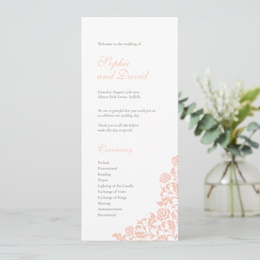  perzikflesjes Roos Lace Wedding Programmakaart (Staand voorkant)
