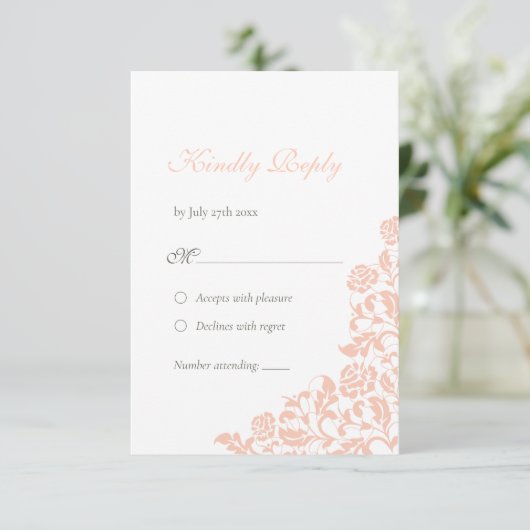  perzikflesjes Roos Lace Wedding RSVP Kaartje (Staand voorkant)