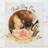 Perzikflora Foto Best Day Ever Weddenschap Wijn Etiket (Enkel label)