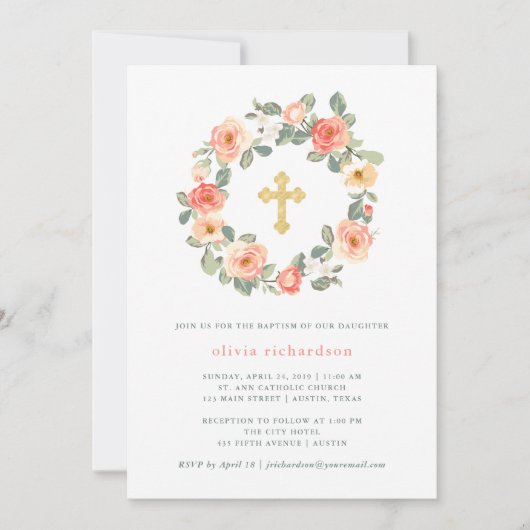  Perzikflora met kruis | Baptisme Kaart (Voorkant)