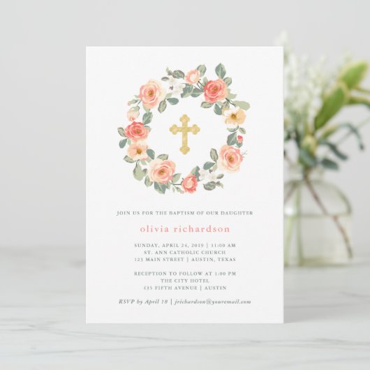 Perzikflora met kruis | Baptisme Kaart (Staand voorkant)