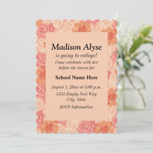  perzikflora "van naar college" uitnodigen kaart (Staand voorkant)