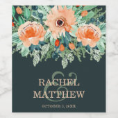 Perzikflora Waterverf over Blauwgroen Wijn Etiket (Enkel label)