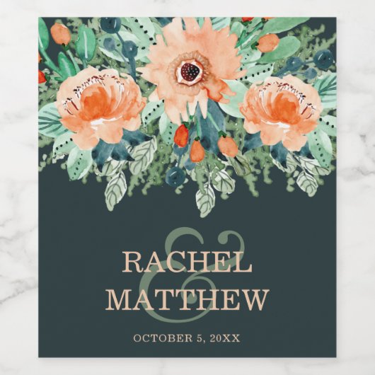 Perzikflora Waterverf over Blauwgroen Wijn Etiket (Enkel label)