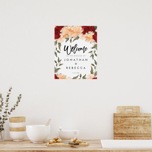 perzikfloral greenery bruiloft welkomstteken poste poster (Keuken)