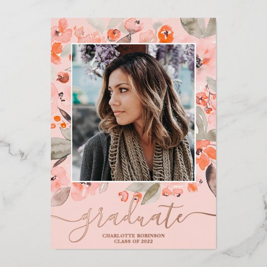 Perzikflorale greenery script 3 foto's afstuderen folie uitnodiging (Voorkant)