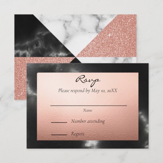 Perzikgoud en zwarte marmer geometrisch RSVP kaartje (Voorkant / Achterkant)