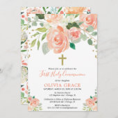 Perzikgoud florale waterverven eerste heilige comm kaart (Voorkant / Achterkant)