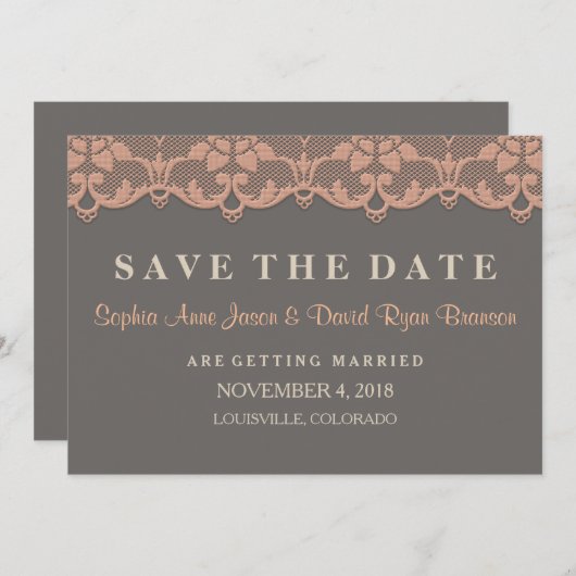  perzikgrijs weddenschap BEWAART DE DATUM Save The Date (Voorkant / Achterkant)