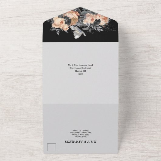 Perzikgrijze vlinder roos floranje all in one uitnodiging (Buitenkant)